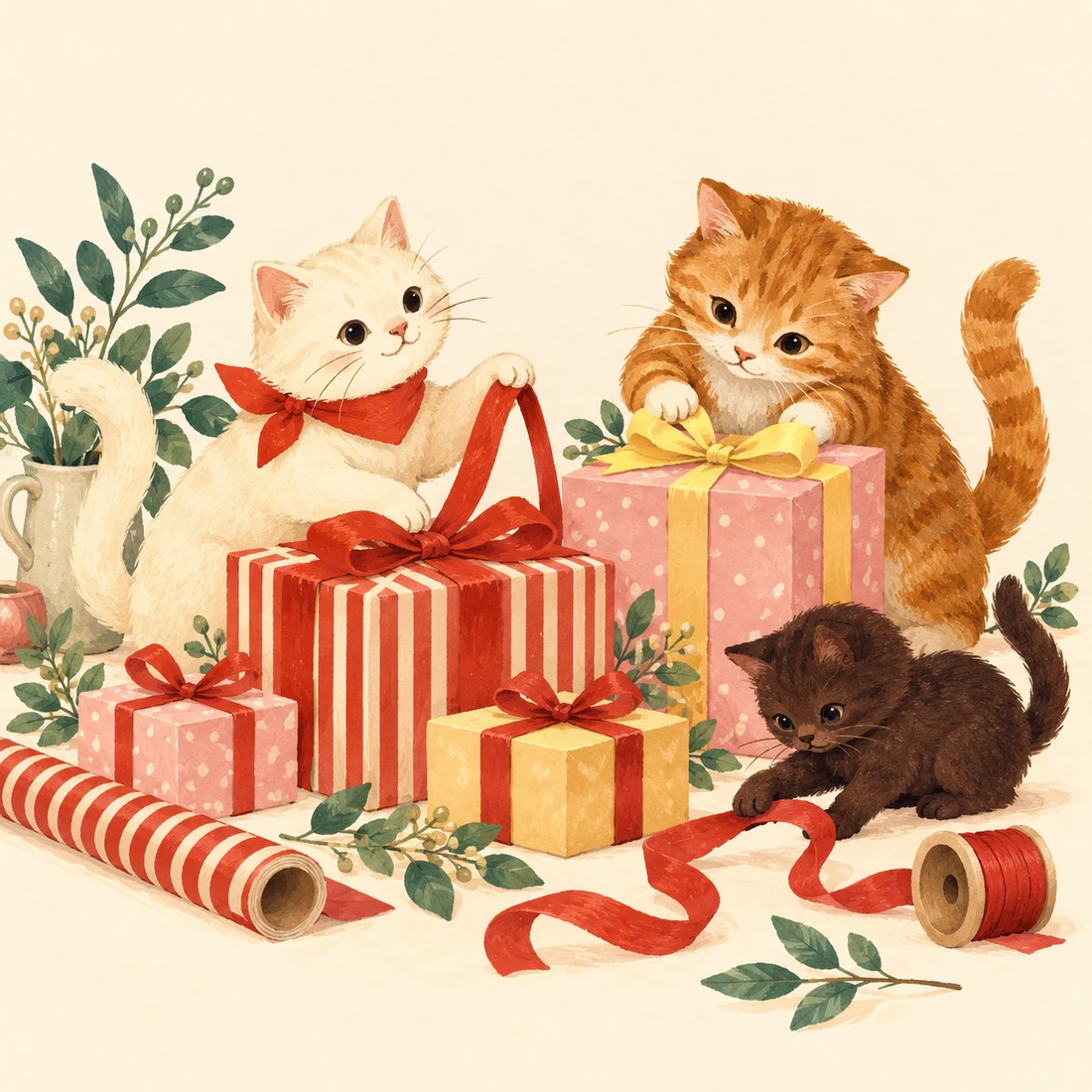 Three curious cats wrapping striped, pink and butter-yellow gifts together